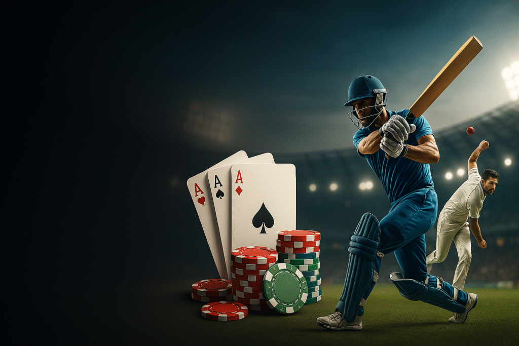 “Two cricketers on the right with playing cards and poker chips in the center; dark left space for headline — Reddy Anna Book.”